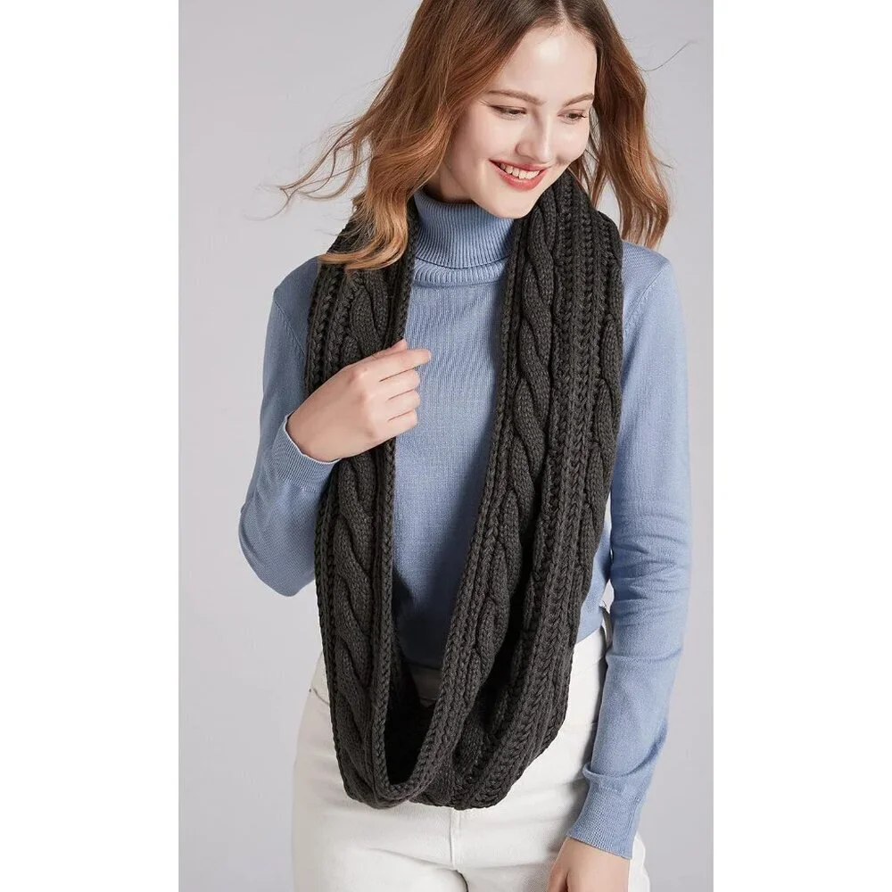Women's Twist Charocal Thick Ribbed Knit Winter Infinity Circle Loop Scarf